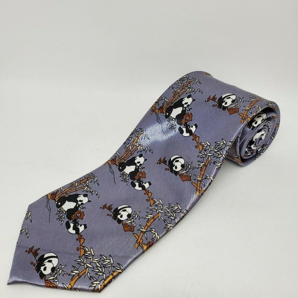 Kai Long Silk Hand-made Mens Grey Necktie Pandas